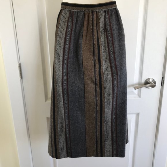 Vintage Koret Career Neutral Brown & Grey Stripe Wool Tweed Midi Skirt 30" Waist - Picture 7 of 7